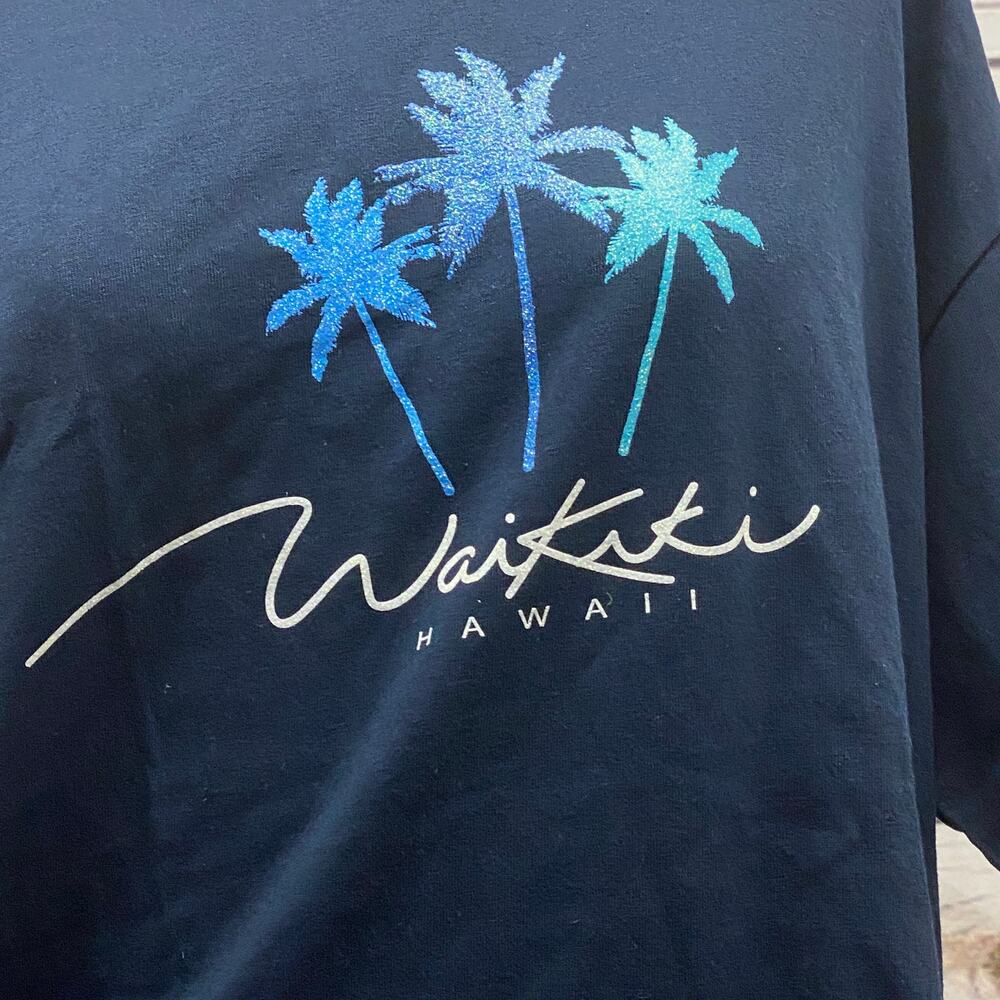Waikiki Hawaii Souvenir Palm Tree Glitter Graphic TShirt Dark Navy Blue 2XL NWT - Picture 2 of 9